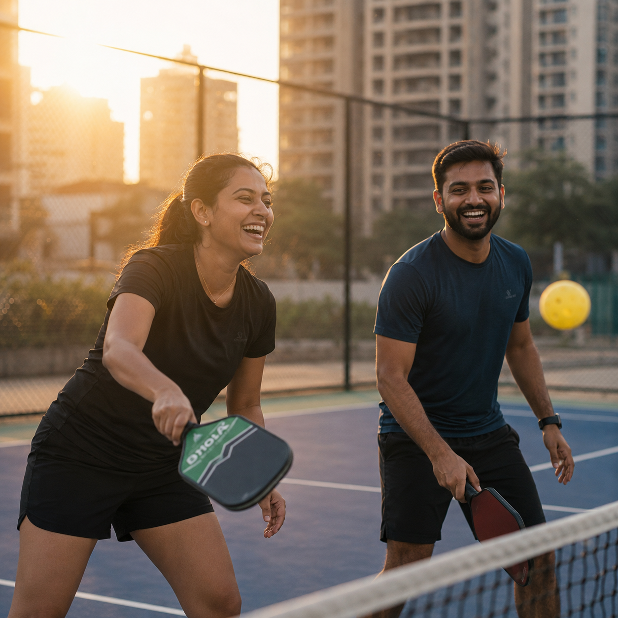 Two players laughing mid-rally on an outdoor pickleball court